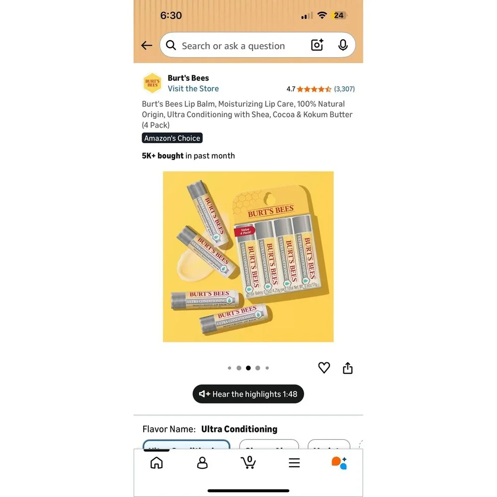 Burt's‎ Bees Ultra Conditioning Moisturizing Lip Balm 4 Pk Lot of 2
